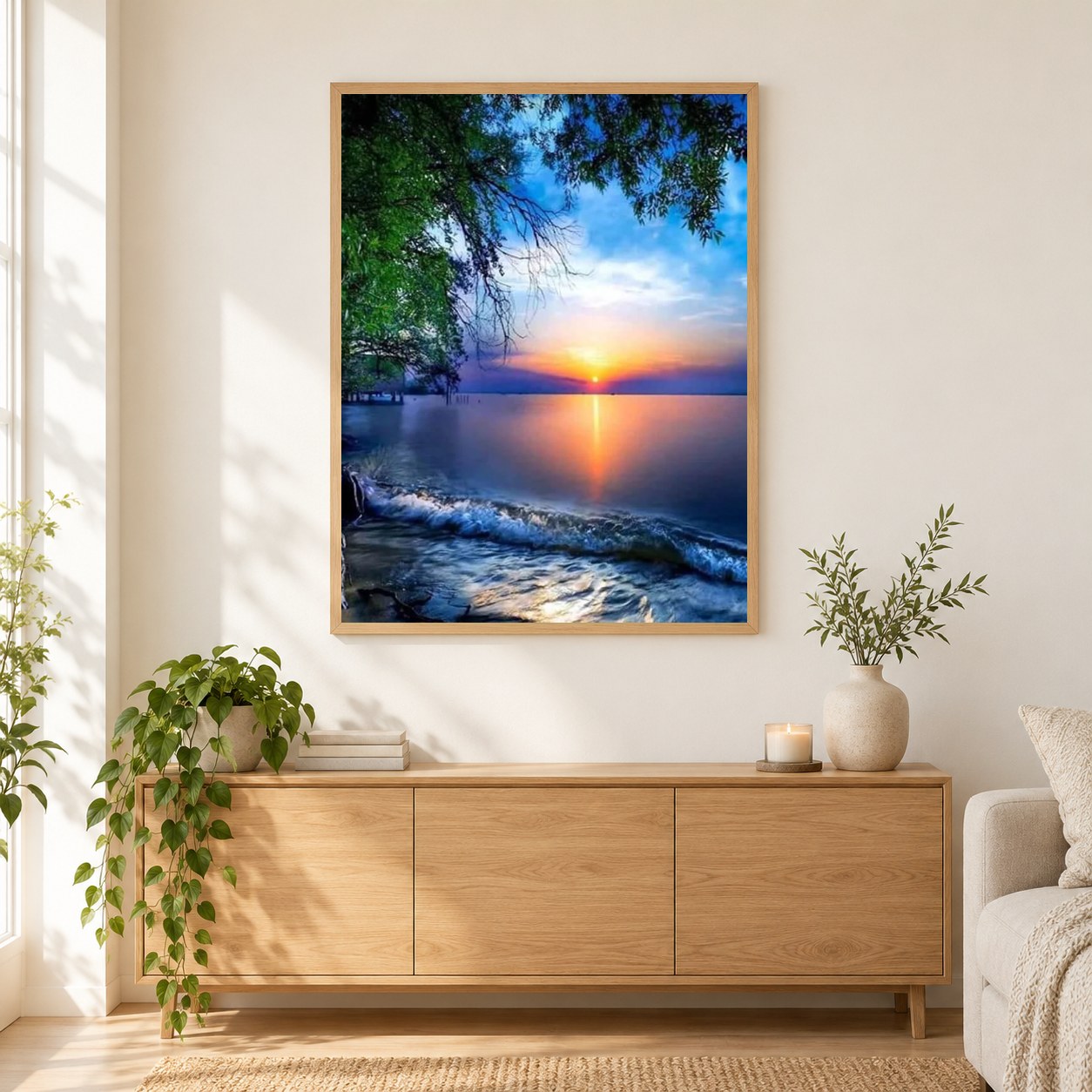 Erstaunliche Aussicht auf den Sonnenuntergang als gerahmtes Diamond Painting im Wohnzimmer