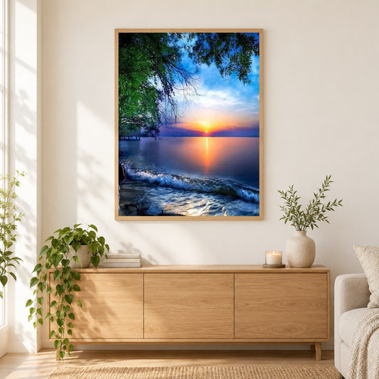 Erstaunliche Aussicht auf den Sonnenuntergang als gerahmtes Diamond Painting im Wohnzimmer