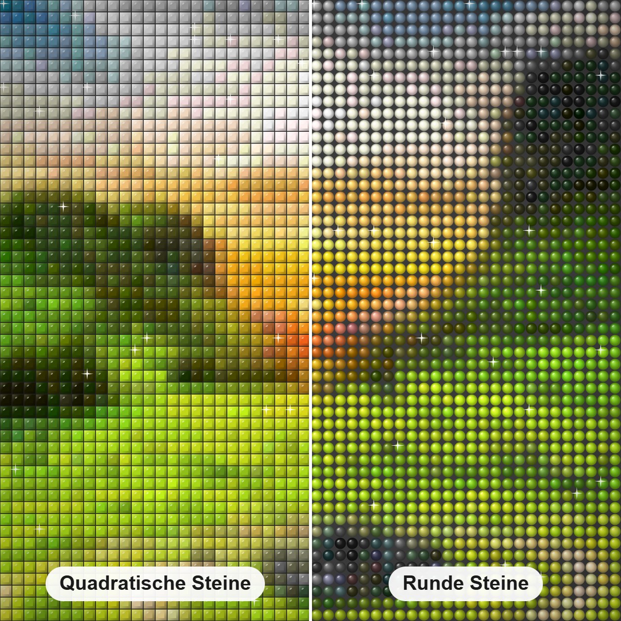 Erstaunliche Bergstation Diamond Painting Nahaufnahme mit quadratischen und runden Steinen