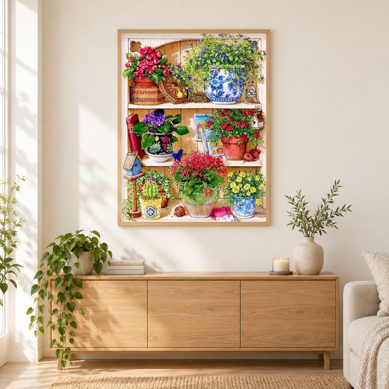 Erstaunliche Blumeneck als gerahmtes Diamond Painting im Wohnzimmer