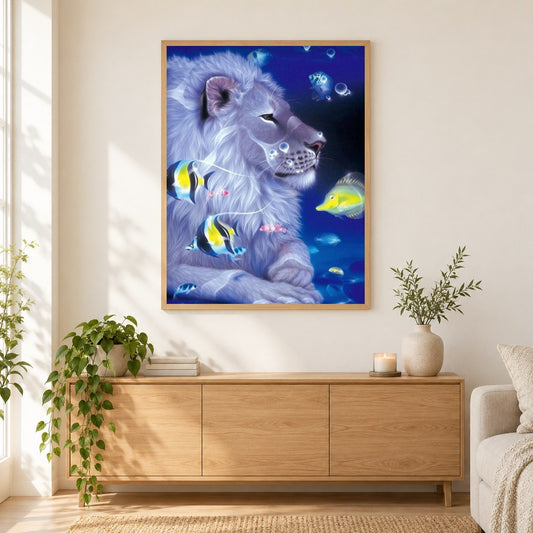 Erstaunliche Löwen- und Fischkunst als gerahmtes Diamond Painting im Wohnzimmer