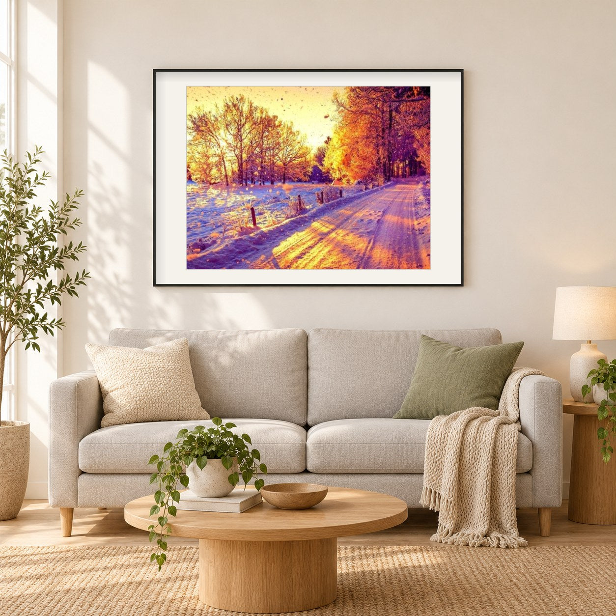 Erstaunliche verschneite Straße im Winter als gerahmtes Diamond Painting im Wohnzimmer