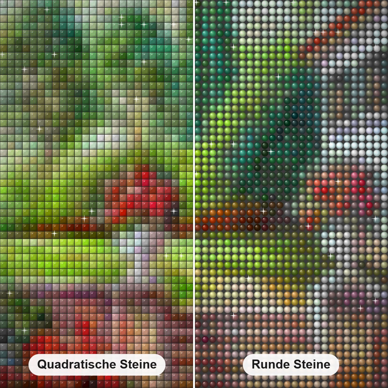 Erstaunliche Villa mit schönem Garten Diamond Painting Nahaufnahme mit quadratischen und runden Steinen