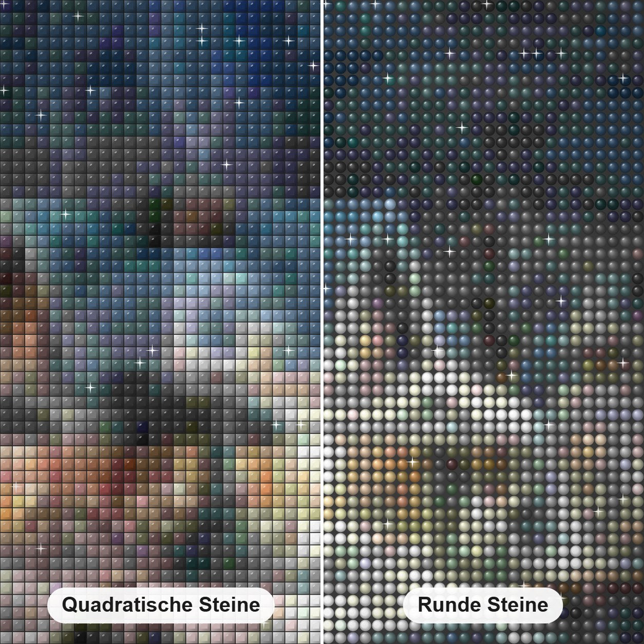 Erstaunliche Winternacht & Schnee Diamond Painting Nahaufnahme mit quadratischen und runden Steinen