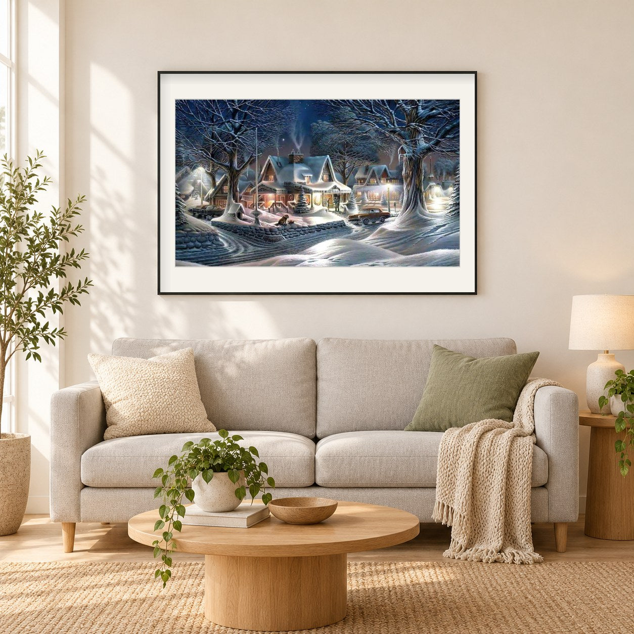 Erstaunliche Winternacht & Schnee als gerahmtes Diamond Painting im Wohnzimmer