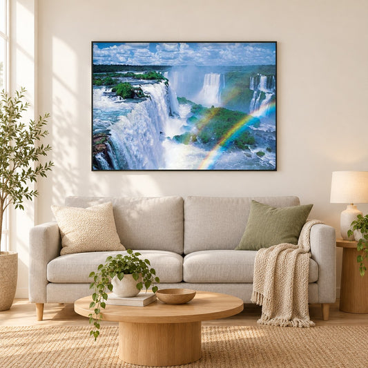 Erstaunlicher Regenbogen und Wasserfa als gerahmtes Diamond Painting im Wohnzimmer