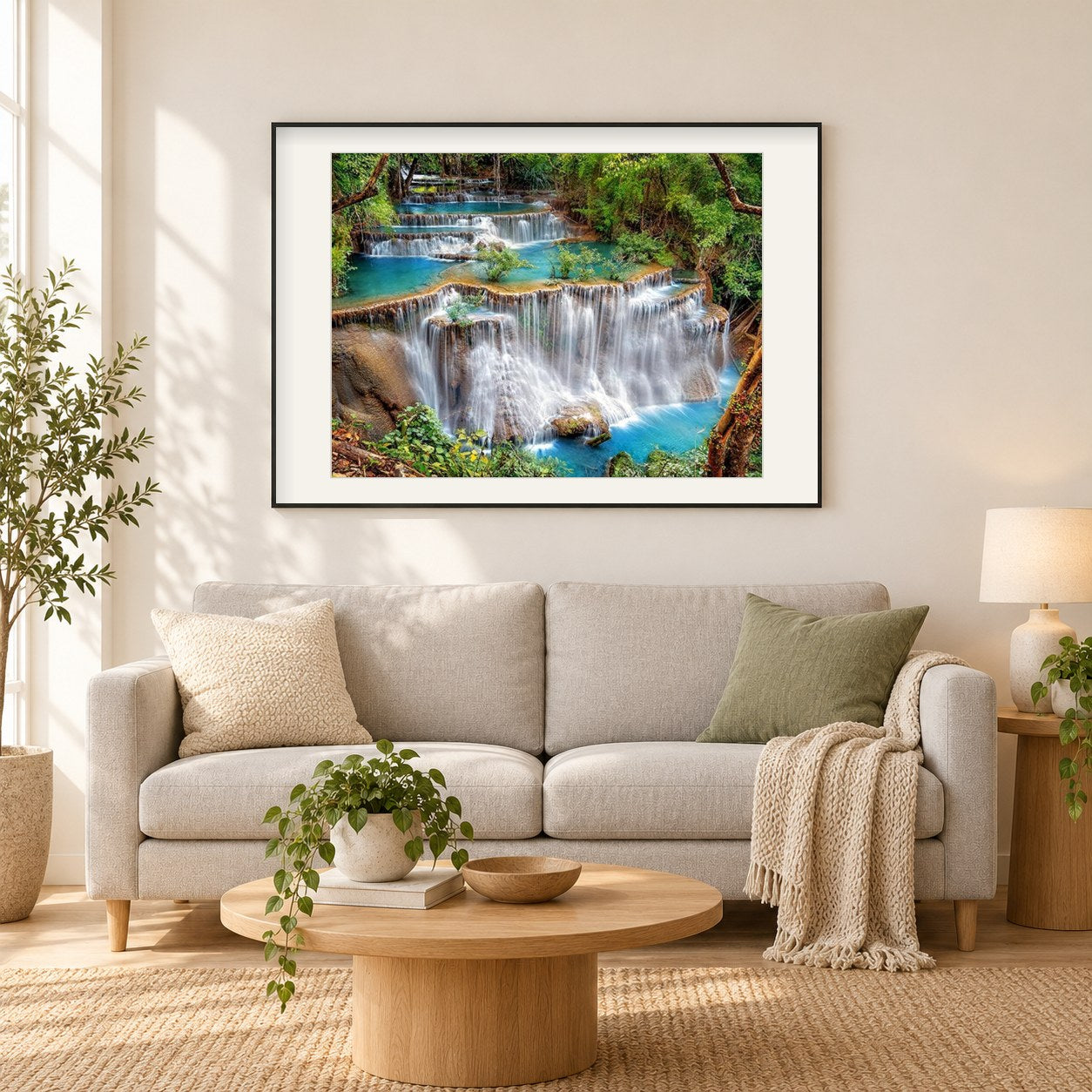 Erstaunlicher Wasserfall als gerahmtes Diamond Painting im Wohnzimmer