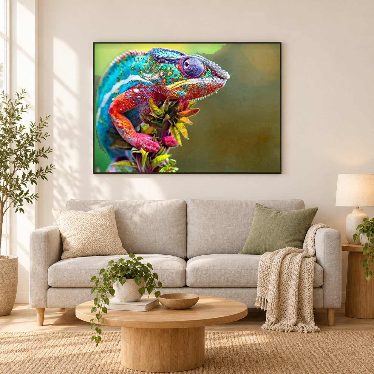 Erstaunliches Chamäleon als gerahmtes Diamond Painting im Wohnzimmer