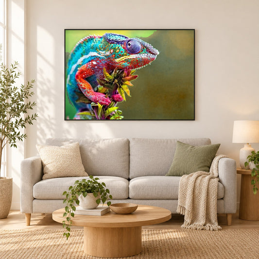 Erstaunliches Chamäleon als gerahmtes Diamond Painting im Wohnzimmer
