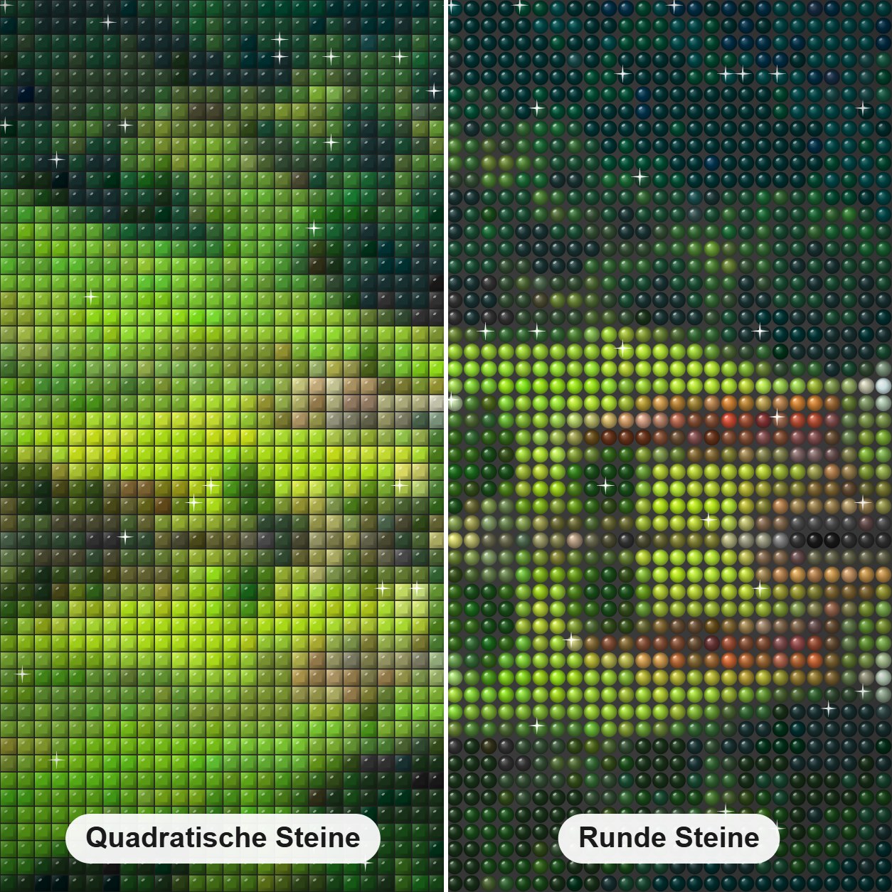 Erstaunliches grünes Tal Diamond Painting Nahaufnahme mit quadratischen und runden Steinen