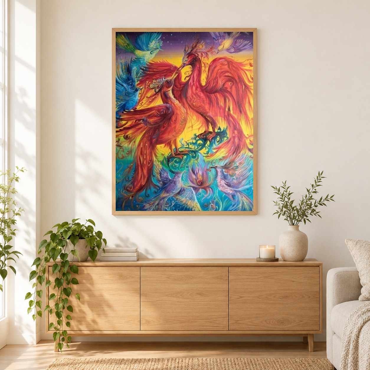 Erstaunliches Phönixpaar & Vögel als gerahmtes Diamond Painting im Wohnzimmer