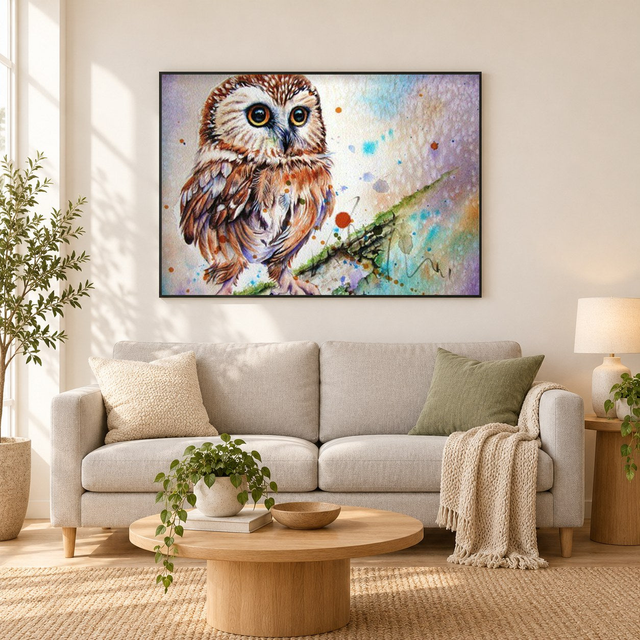 Eule als gerahmtes Diamond Painting im Wohnzimmer