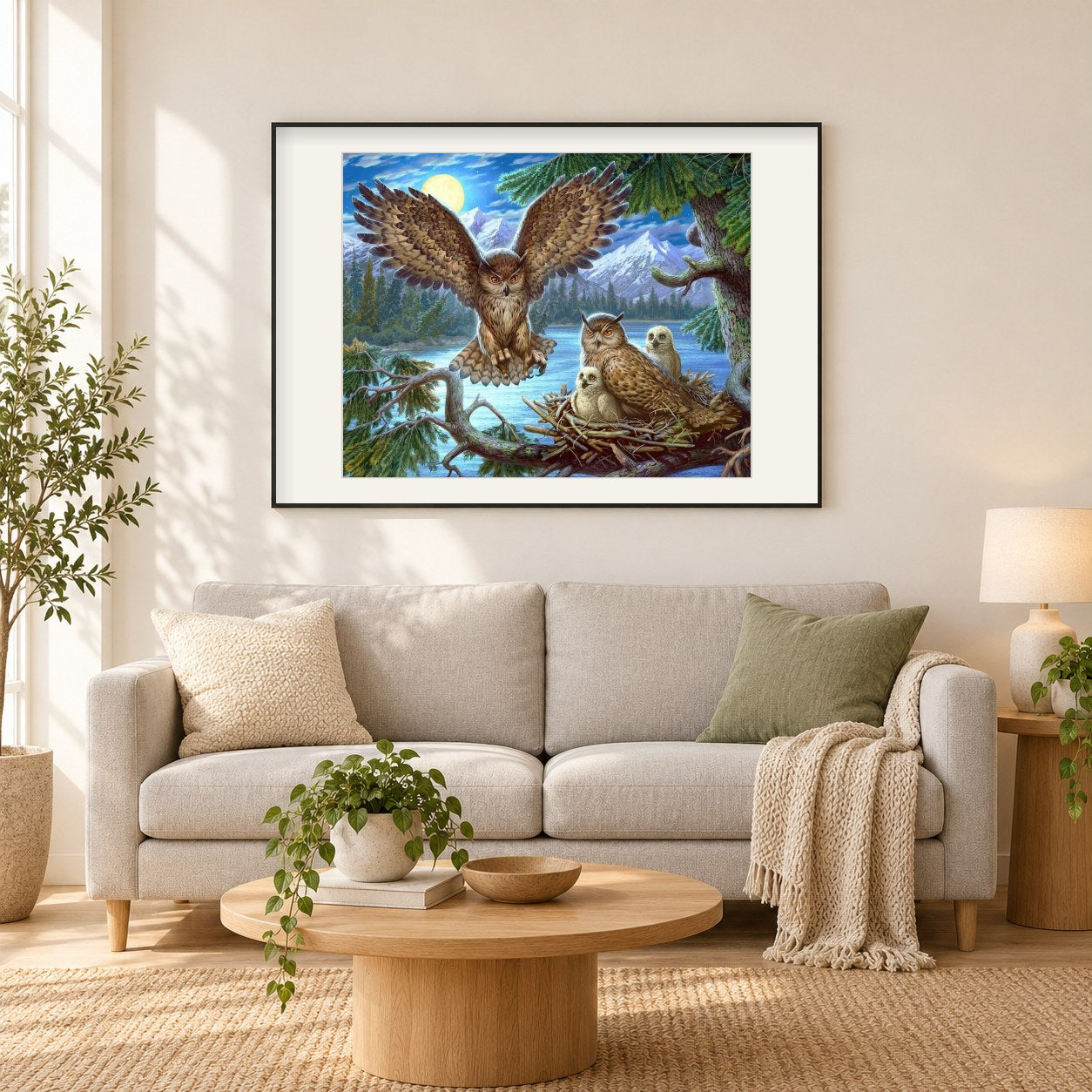 Eule flieg zurück zum Nest als gerahmtes Diamond Painting im Wohnzimmer