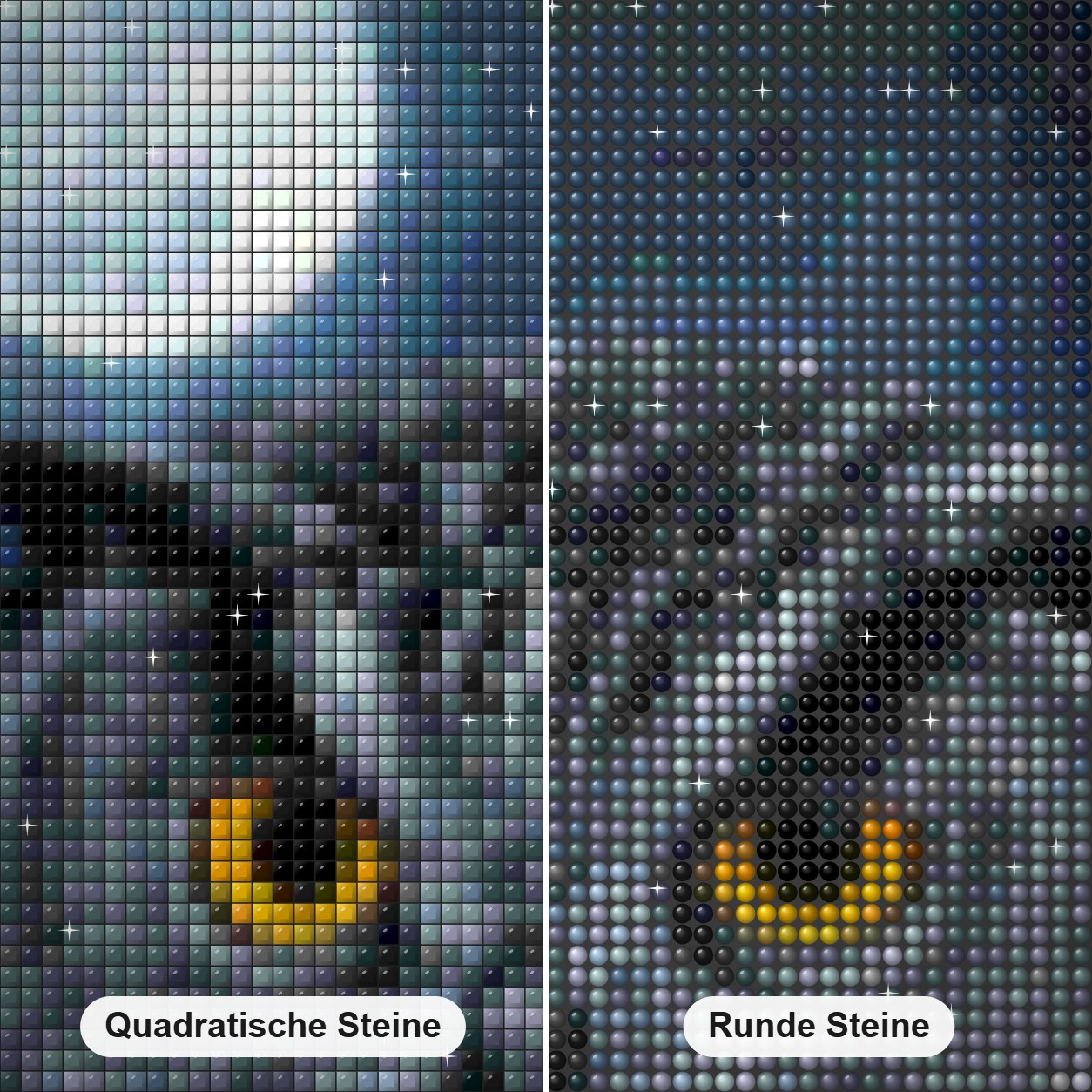 Eule & Vollmondnacht Diamond Painting Nahaufnahme mit quadratischen und runden Steinen