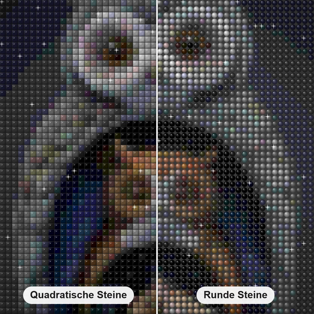 Eulen – Augen der Weisheit Diamond Painting Nahaufnahme mit quadratischen und runden Steinen