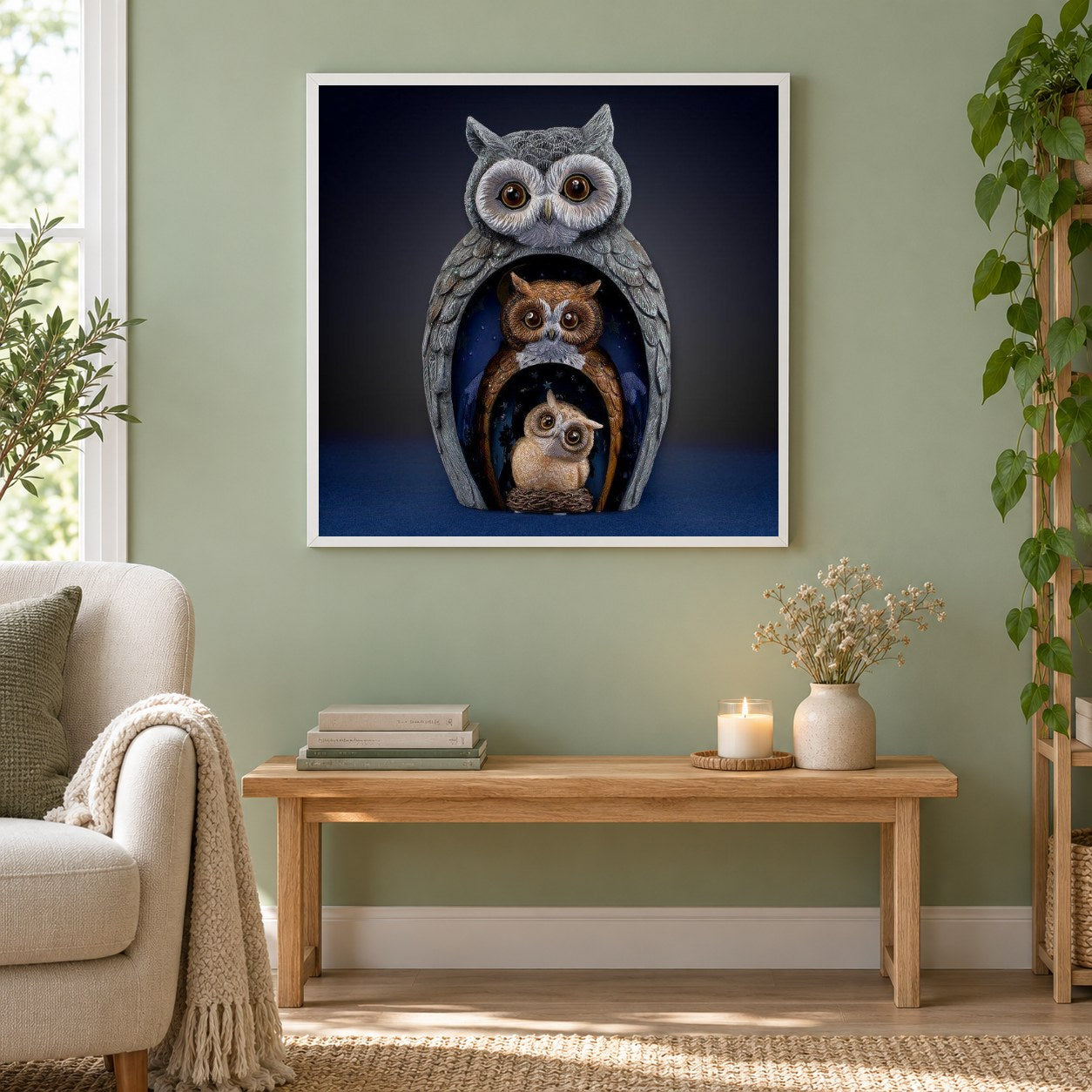 Eulen – Augen der Weisheit als gerahmtes Diamond Painting im Wohnzimmer