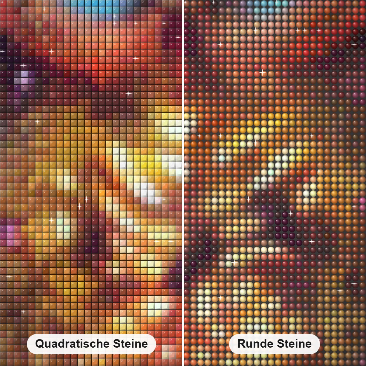 Eulenmagie Diamond Painting Nahaufnahme mit quadratischen und runden Steinen