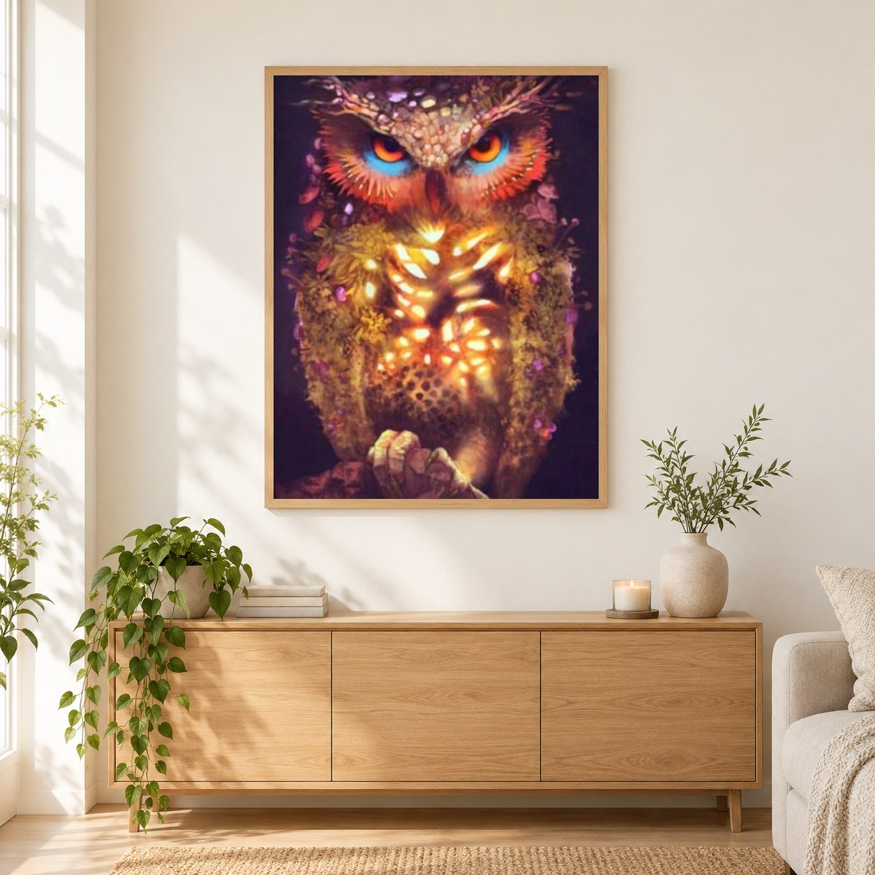 Eulenmagie als gerahmtes Diamond Painting im Wohnzimmer