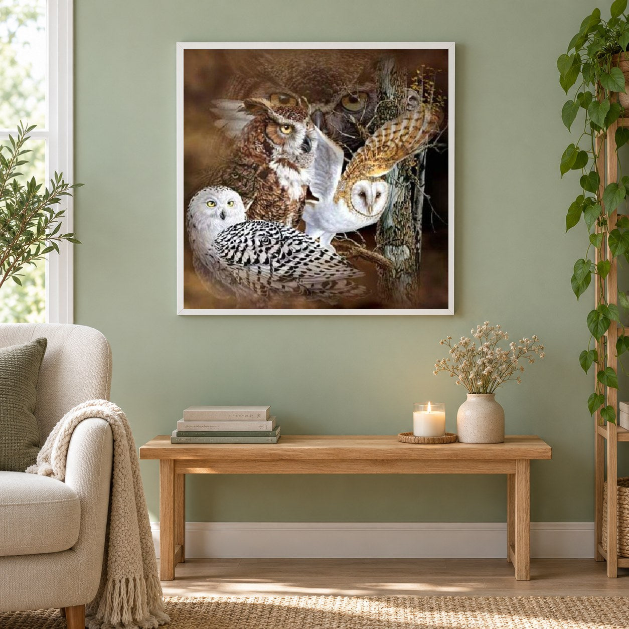 Eulenrassen als gerahmtes Diamond Painting im Wohnzimmer