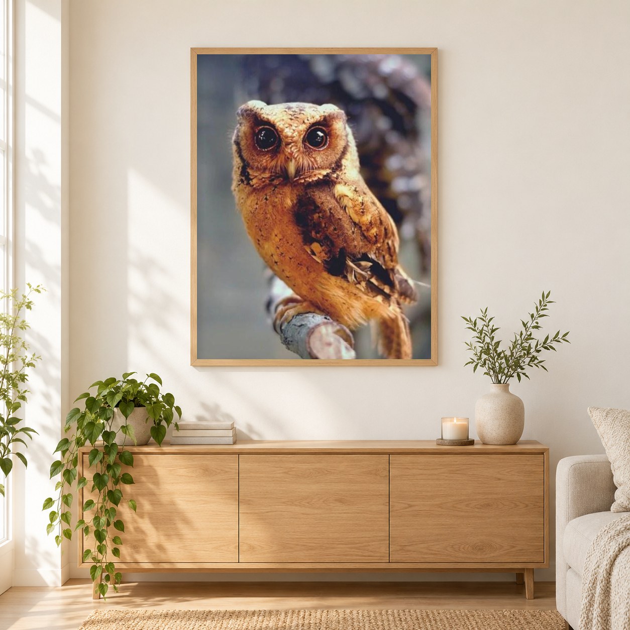 Eulenschönheit als gerahmtes Diamond Painting im Wohnzimmer