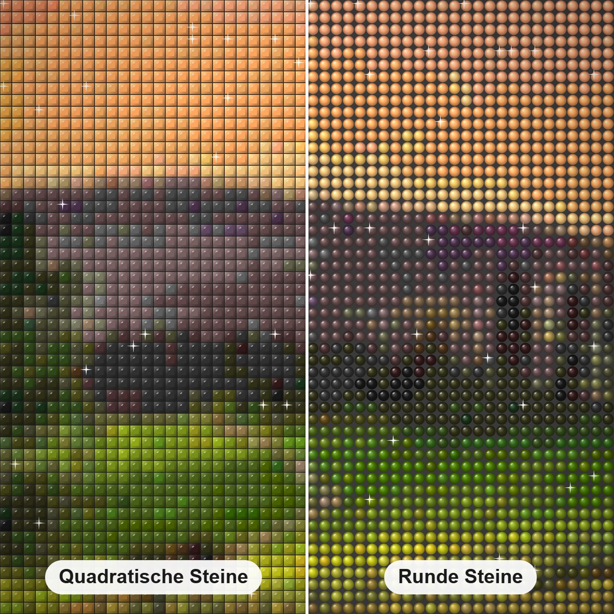 Abendliche Weide - Kunst des Denise Dundon Diamond Painting Nahaufnahme mit quadratischen und runden Steinen
