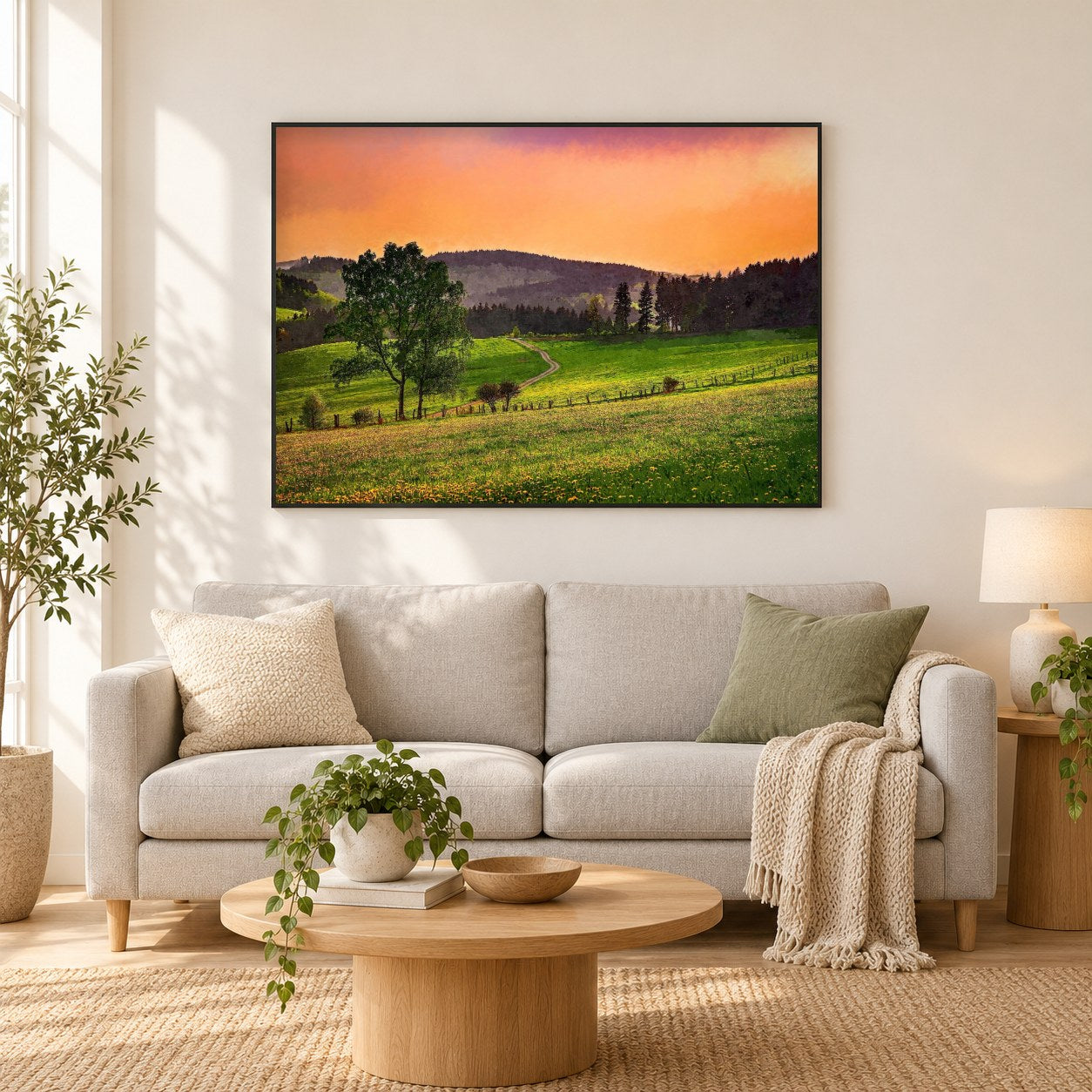 Abendliche Weide - Kunst des Denise Dundon als gerahmtes Diamond Painting im Wohnzimmer