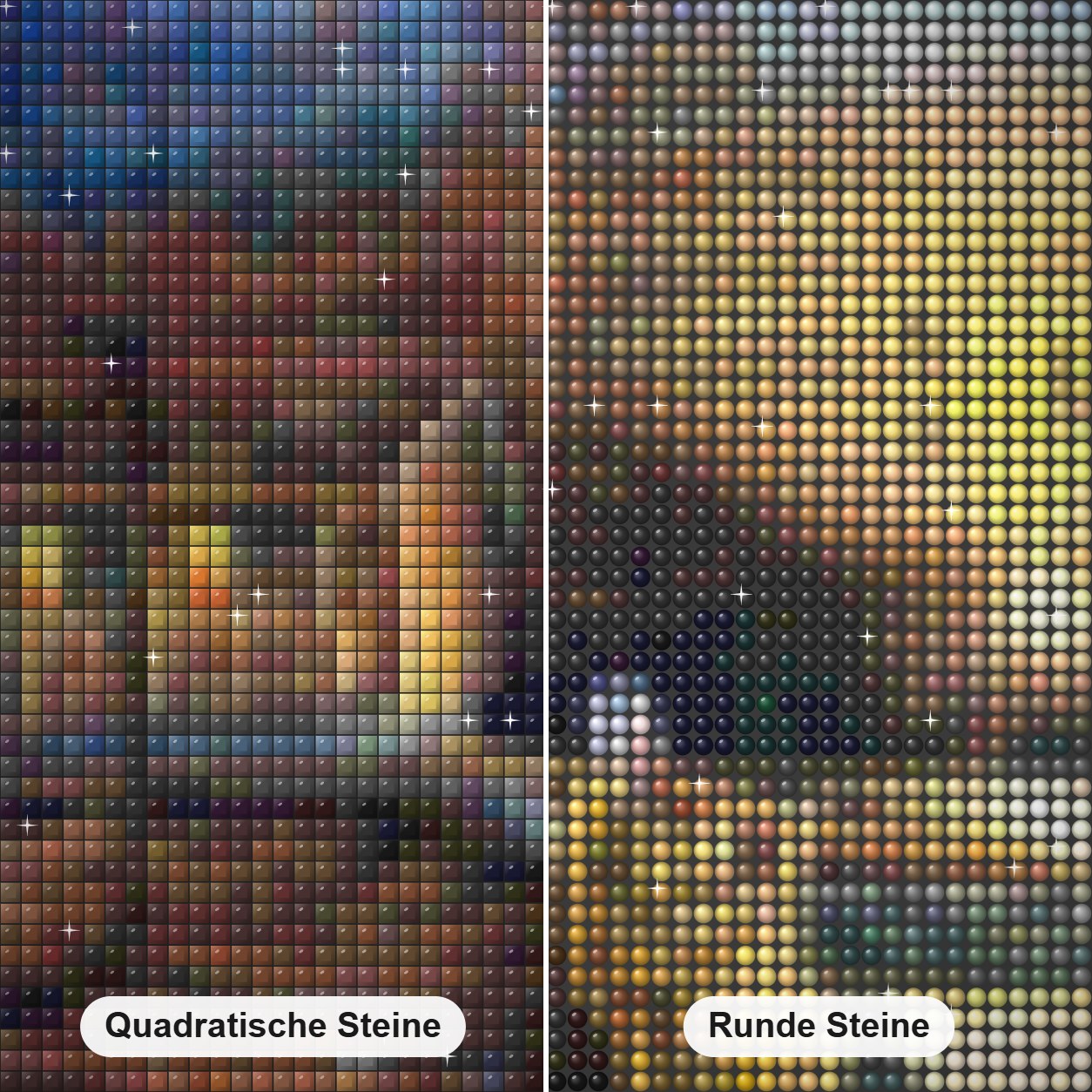 Abendliche Reflexionen  -Kunst des Robert Andrea Diamond Painting Nahaufnahme mit quadratischen und runden Steinen