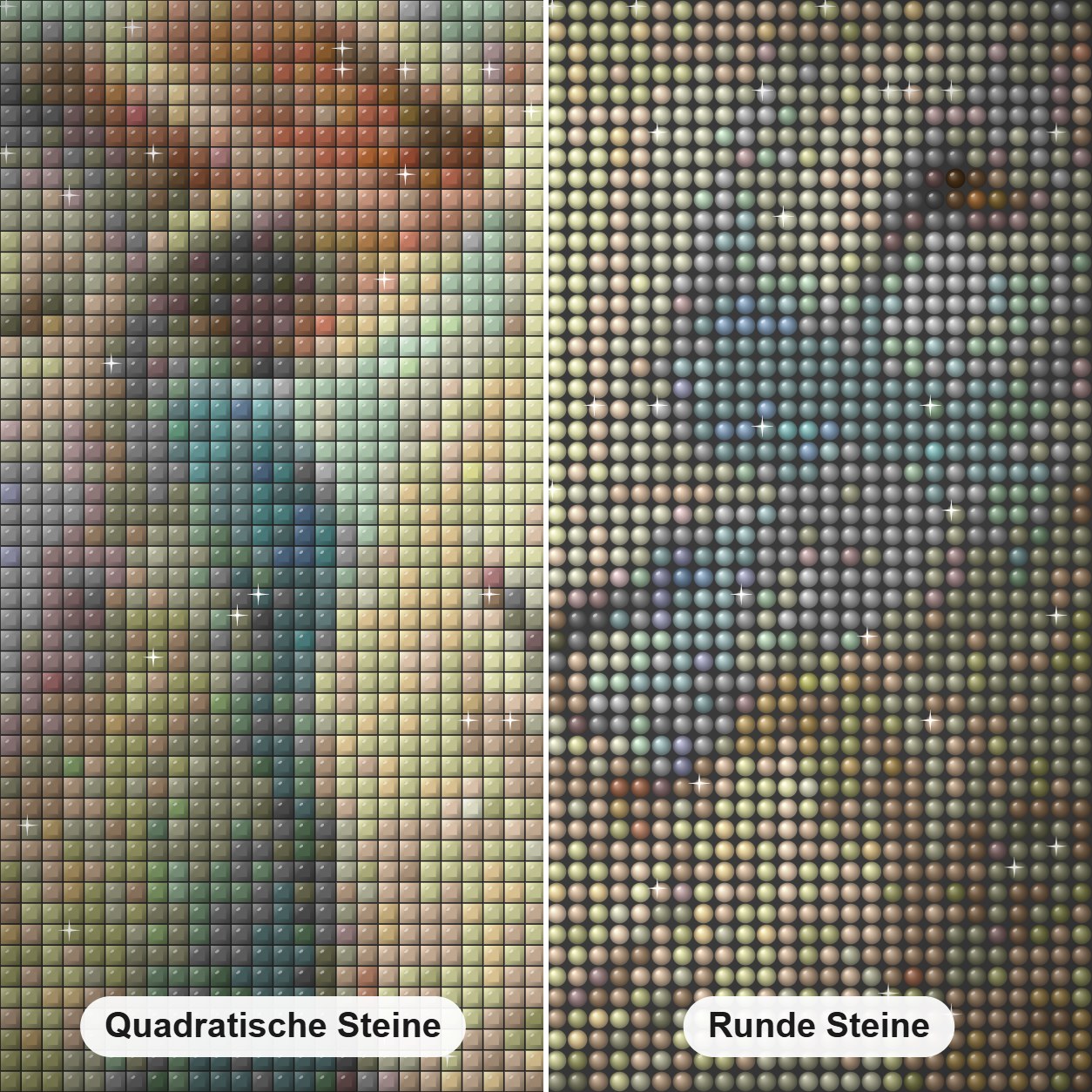 Ewell tritt leise ein - Kunst des Linda Wilder Diamond Painting Nahaufnahme mit quadratischen und runden Steinen