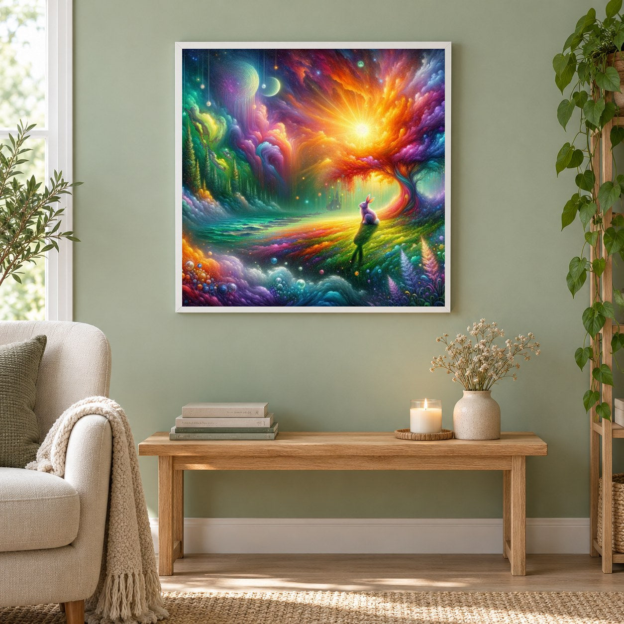 Die Geheimnisse des mystischen Waldes erkunden als gerahmtes Diamond Painting im Wohnzimmer