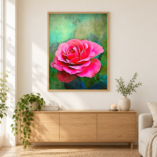 Exquisite rosa Rose - Kunst des Denise Dundon als gerahmtes Diamond Painting im Wohnzimmer