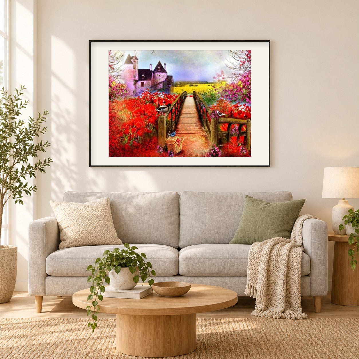 Fabelhafter Blumengarten als gerahmtes Diamond Painting im Wohnzimmer
