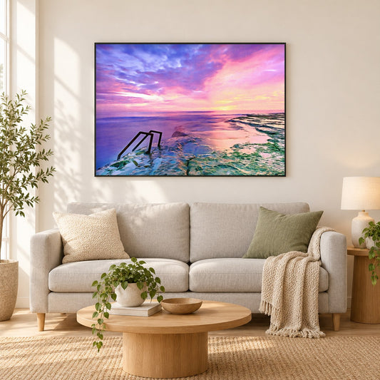 Schöner Himmel und ruhiges Meer - Kunst des Denise Dundon als gerahmtes Diamond Painting im Wohnzimmer