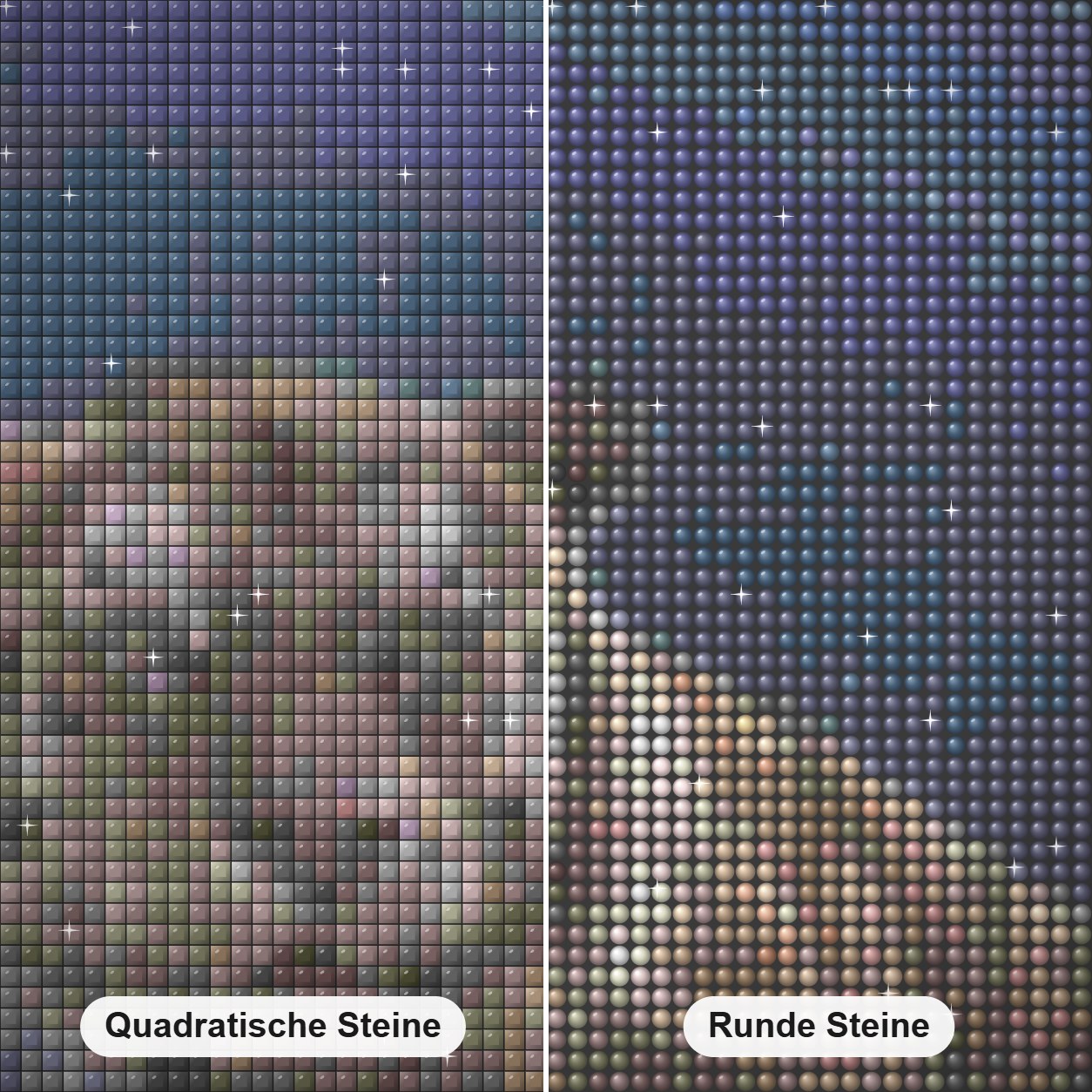 fallender Stern -  Kunst des Eric Wilson Diamond Painting Nahaufnahme mit quadratischen und runden Steinen