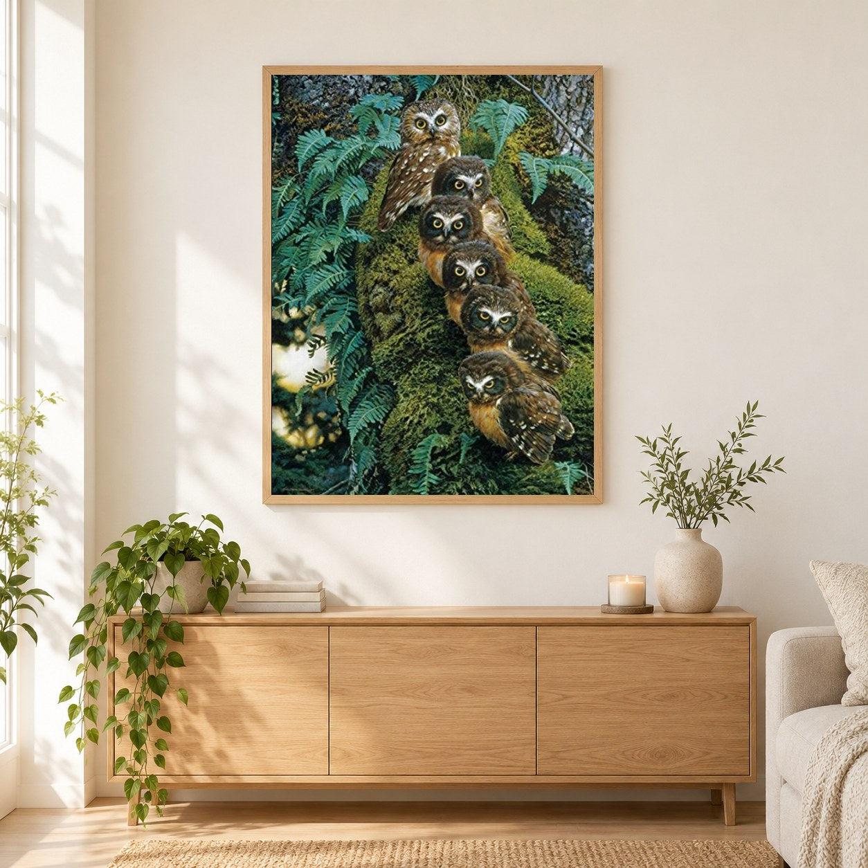 Familie der Eulen auf dem Baum als gerahmtes Diamond Painting im Wohnzimmer