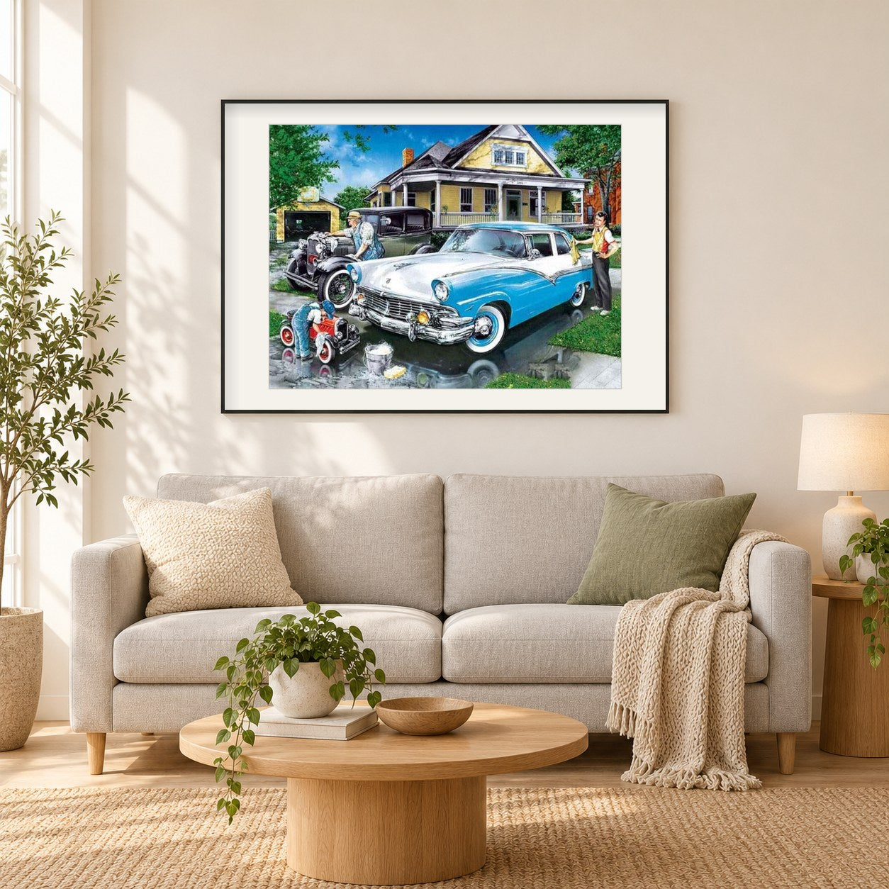 Berühmter Oldtimer Ford Fairlane als gerahmtes Diamond Painting im Wohnzimmer
