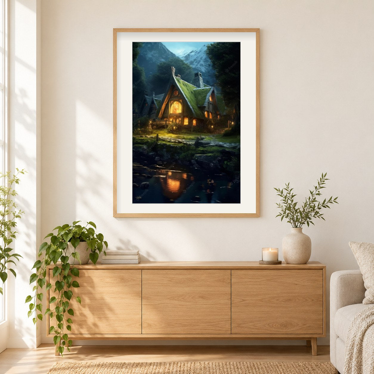 Fantasiehaus des Hobbits als gerahmtes Diamond Painting im Wohnzimmer