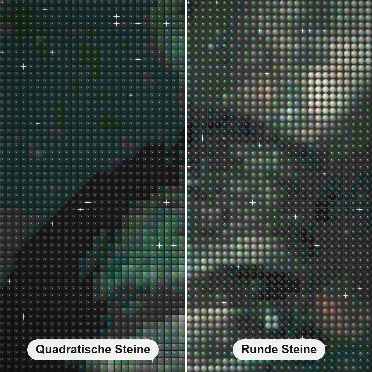 Fantasie Diamond Painting Nahaufnahme mit quadratischen und runden Steinen