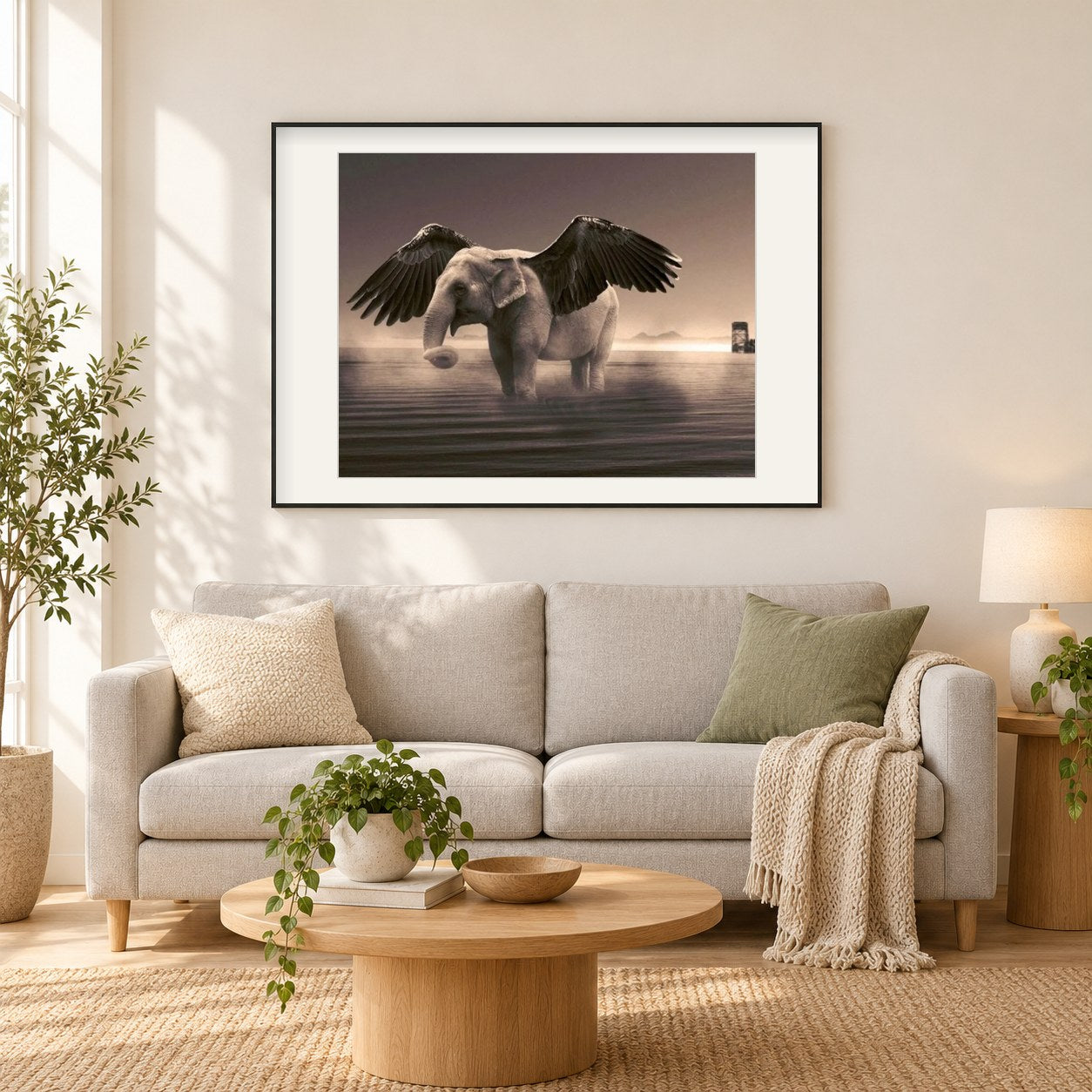 Fantasie fliegender Elefant als gerahmtes Diamond Painting im Wohnzimmer