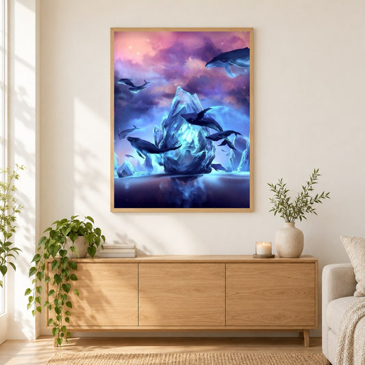 Fantasie fliegender Fisch als gerahmtes Diamond Painting im Wohnzimmer