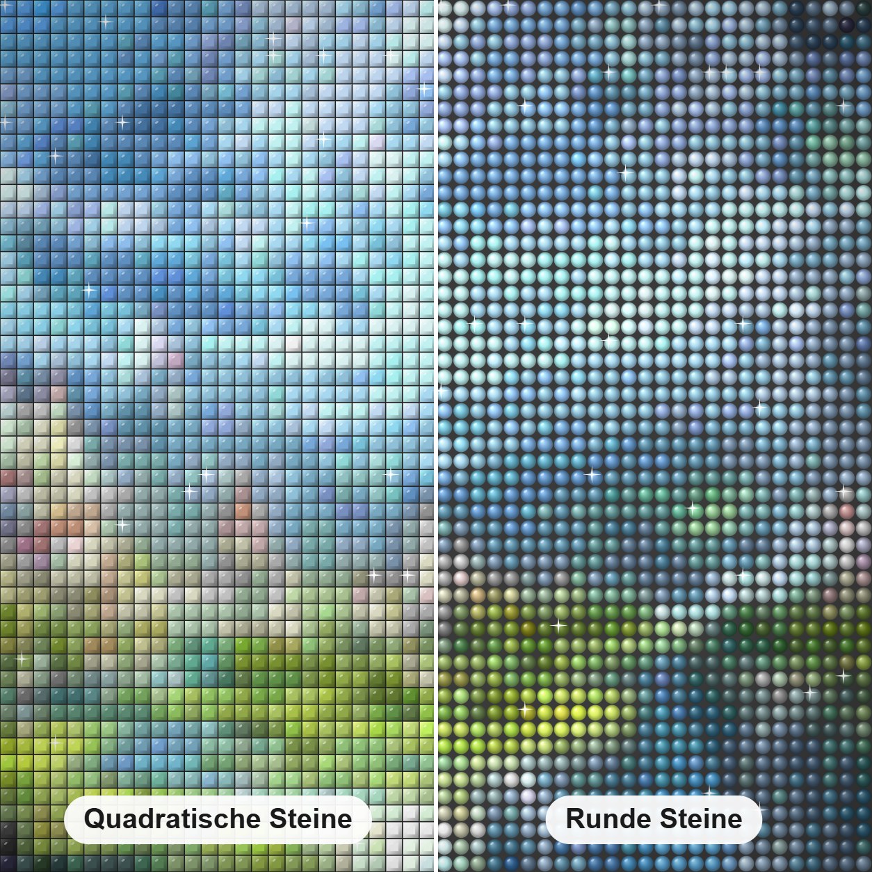 Magisches Fantasy Königreich Diamond Painting Nahaufnahme mit quadratischen und runden Steinen