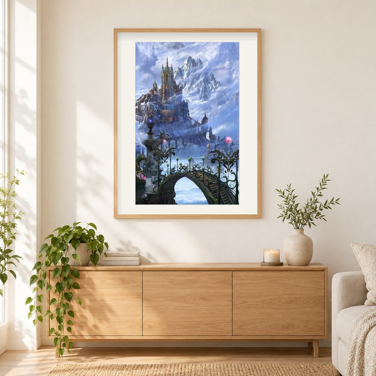Fantasie Magischer Palast als gerahmtes Diamond Painting im Wohnzimmer