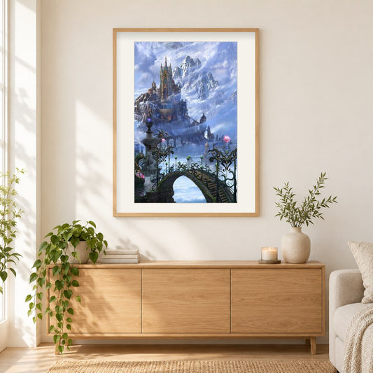 Fantasie Magischer Palast als gerahmtes Diamond Painting im Wohnzimmer