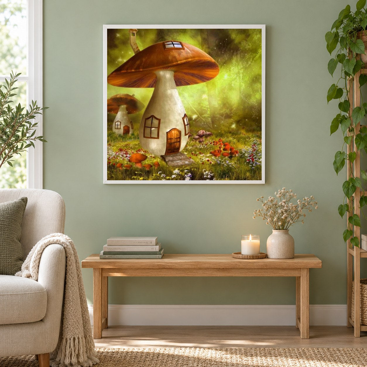 Fantasie Pilzhaus als gerahmtes Diamond Painting im Wohnzimmer