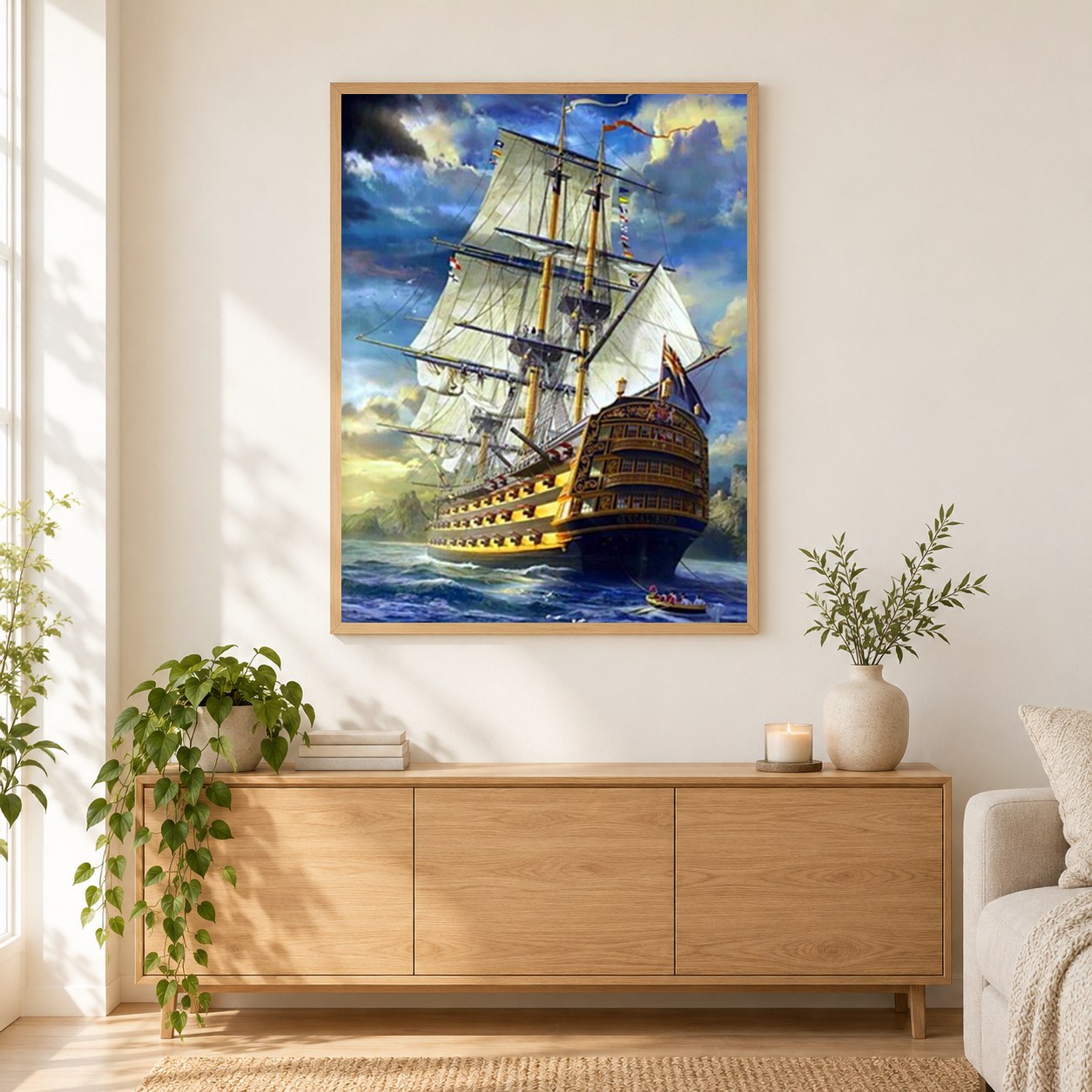 Fantasie Segelschiff als gerahmtes Diamond Painting im Wohnzimmer