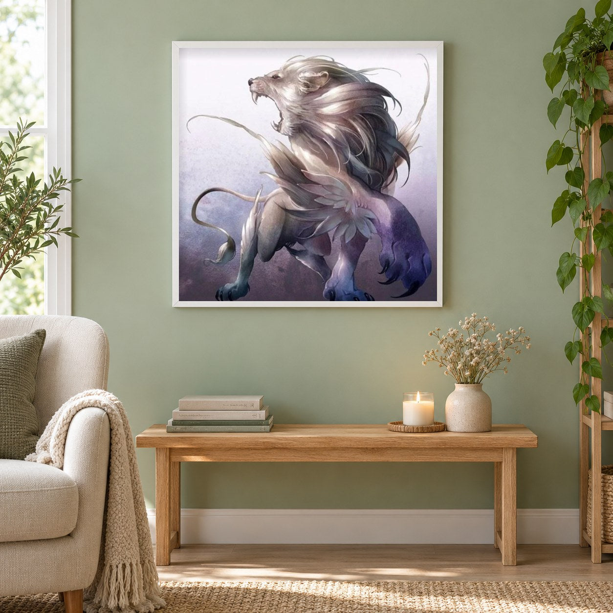 Fantasie weißer Löwe Art Kit als gerahmtes Diamond Painting im Wohnzimmer