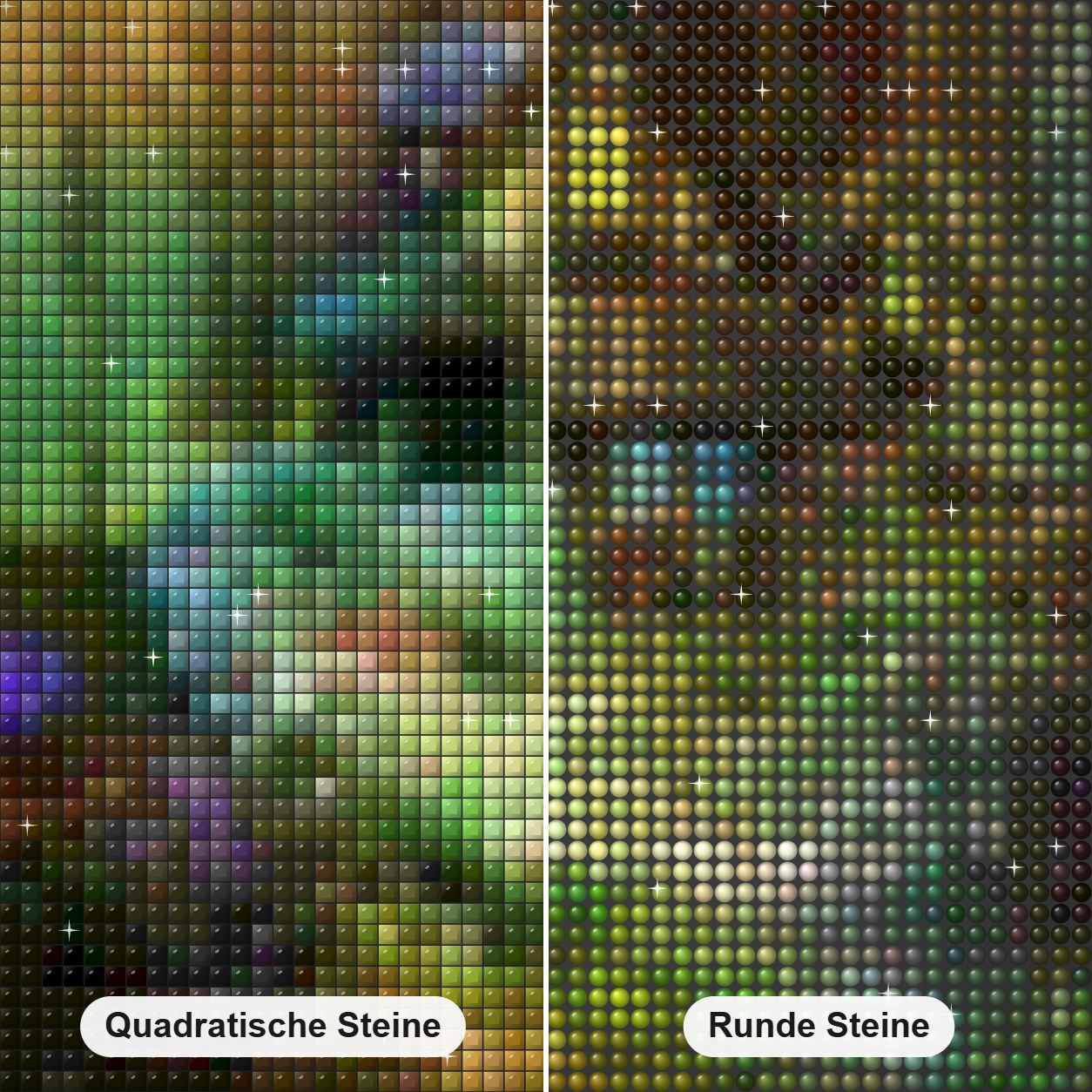 Fantasiehaus in einem Märchenwald Diamond Painting Nahaufnahme mit quadratischen und runden Steinen