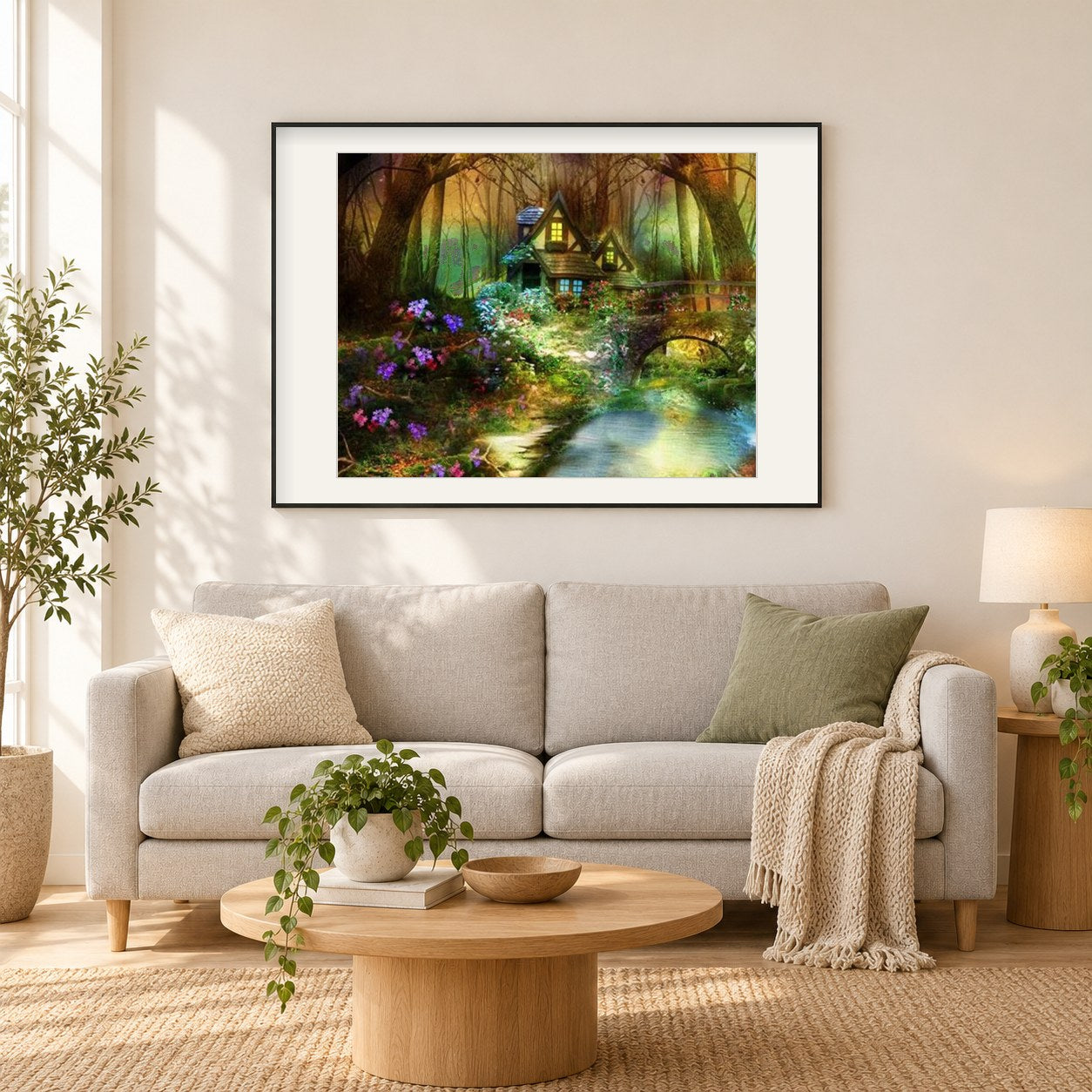 Fantasiehaus in einem Märchenwald als gerahmtes Diamond Painting im Wohnzimmer