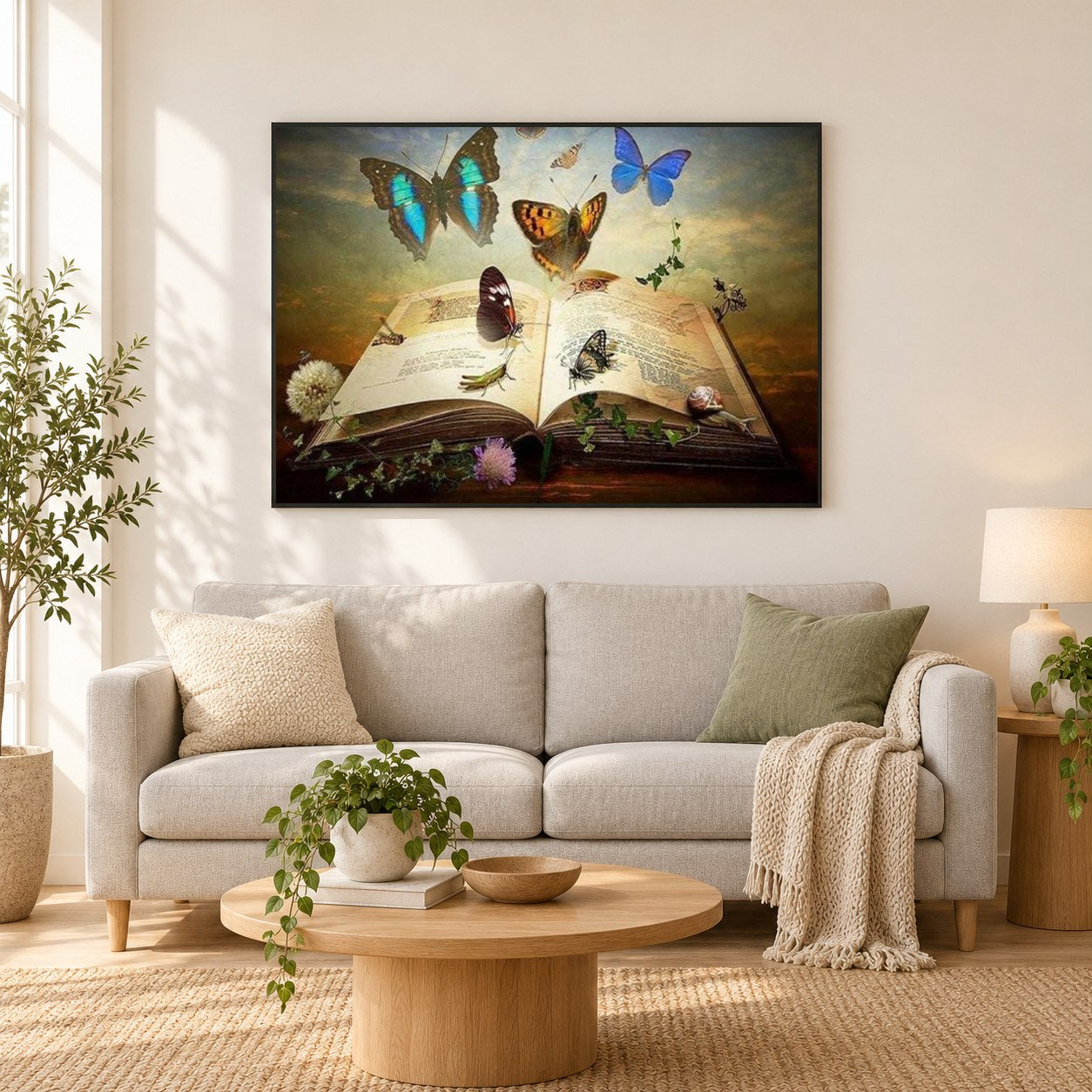 Fantasy Buch als gerahmtes Diamond Painting im Wohnzimmer