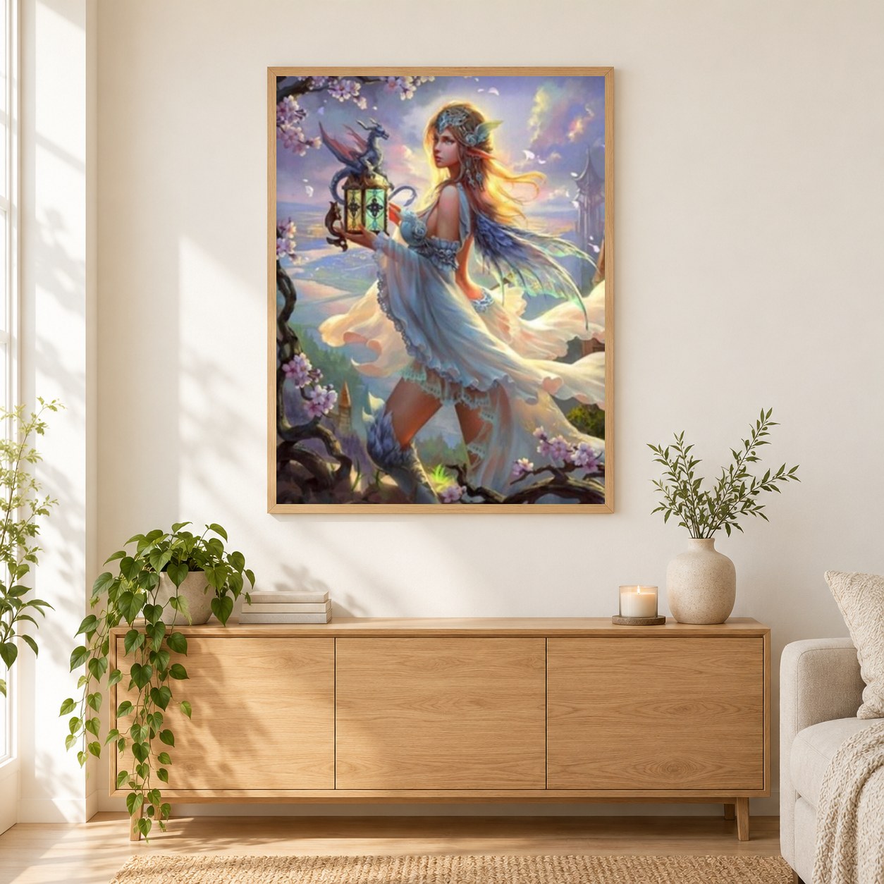 Fantasy Fee und Drache als gerahmtes Diamond Painting im Wohnzimmer