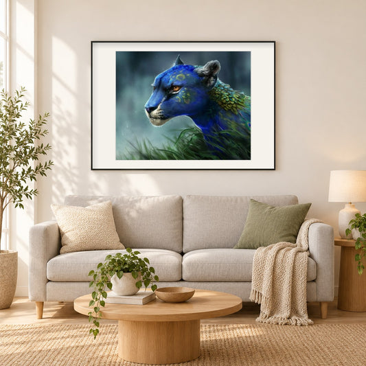 Fantasy Leopard als gerahmtes Diamond Painting im Wohnzimmer